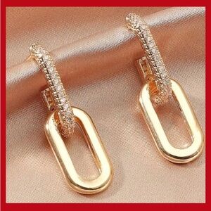 New Gold Simulated Diamond Double Hoop Chain Link Crystal Earrings